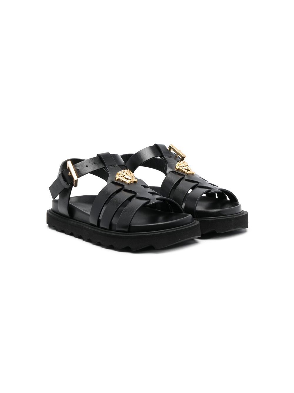 Versace Kids Medusa 标牌皮质凉鞋 - 黑色