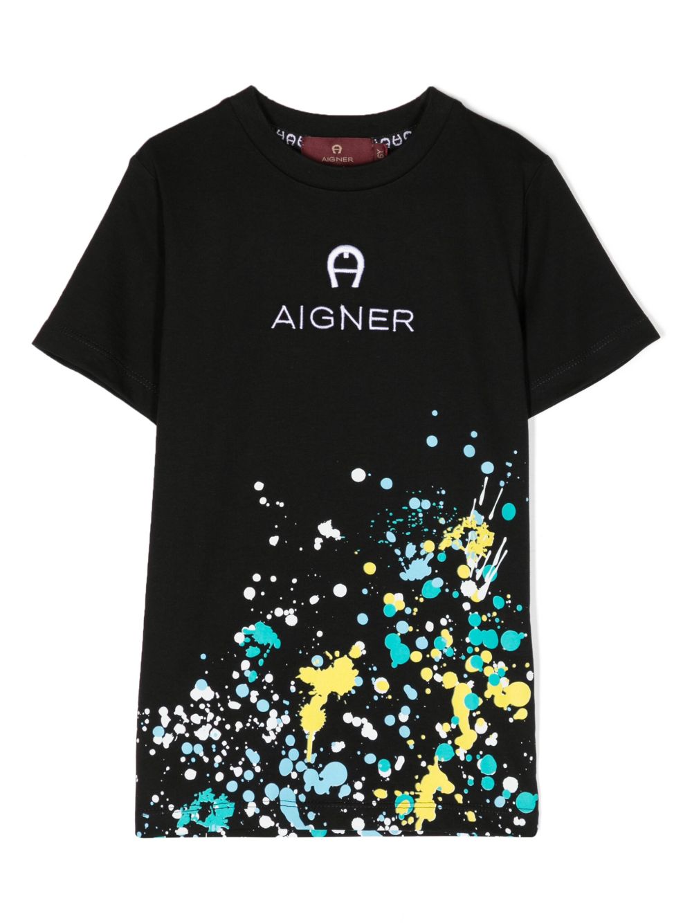 Aigner Kids logo刺绣泼漆效果印花T恤 - 黑色