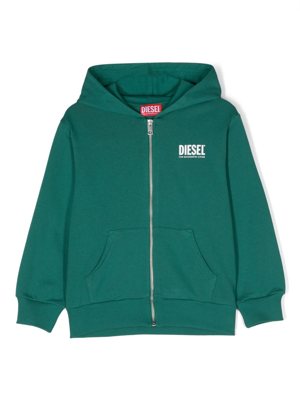 Diesel Kids logo印花拉链连帽衫 - 绿色