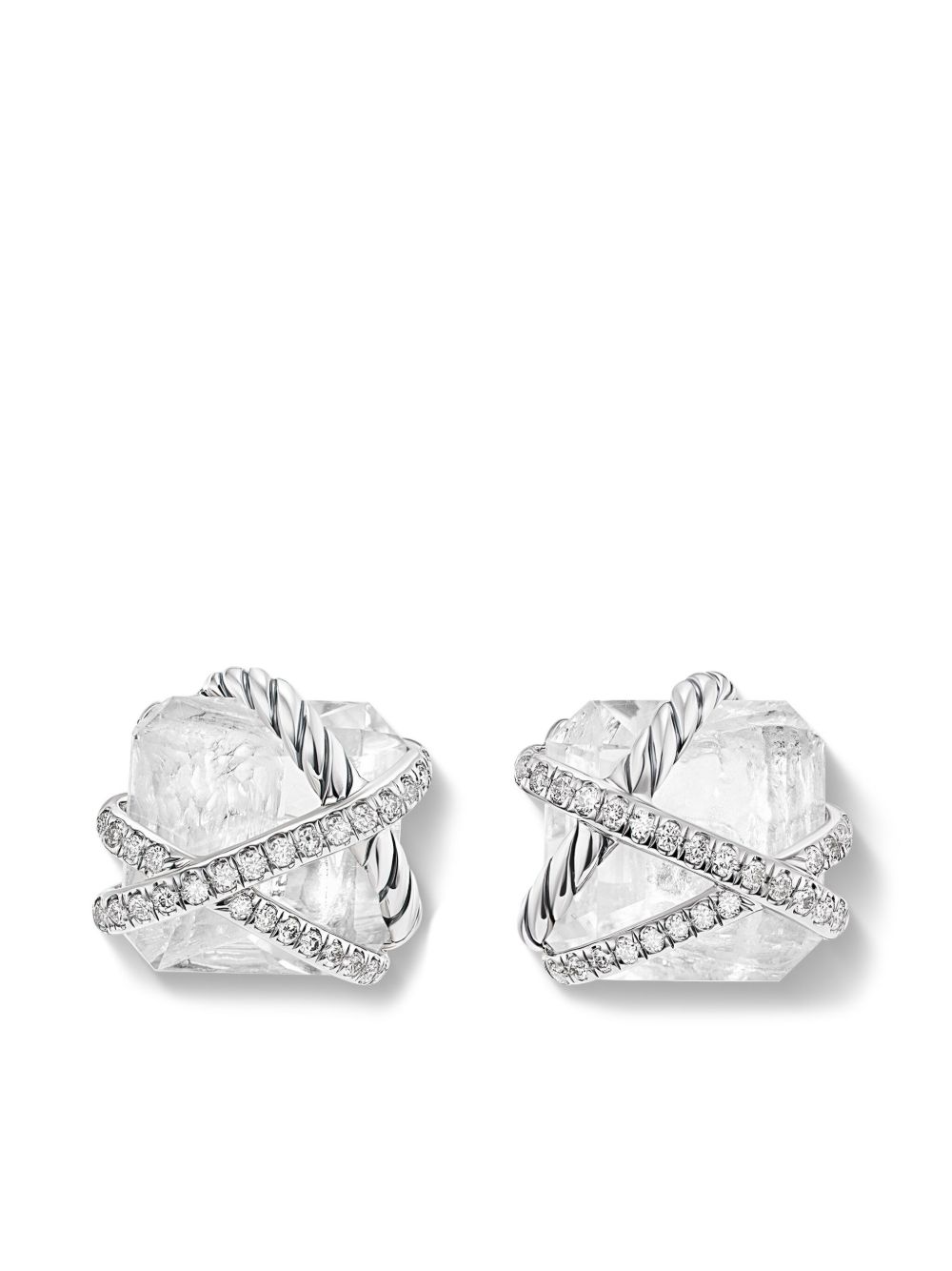 David Yurman 纯银 Cable Edge 钻石圈形耳环 - 白色