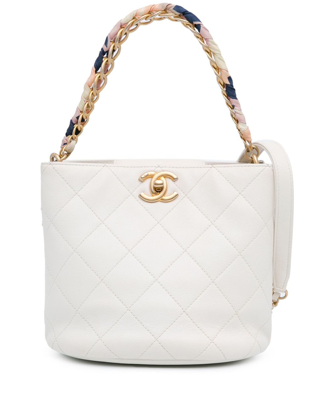 CHANEL Pre-Owned CC Chain Scarf Handle 绗缝鱼子酱皮质水桶包（2019年典藏款） - 白色