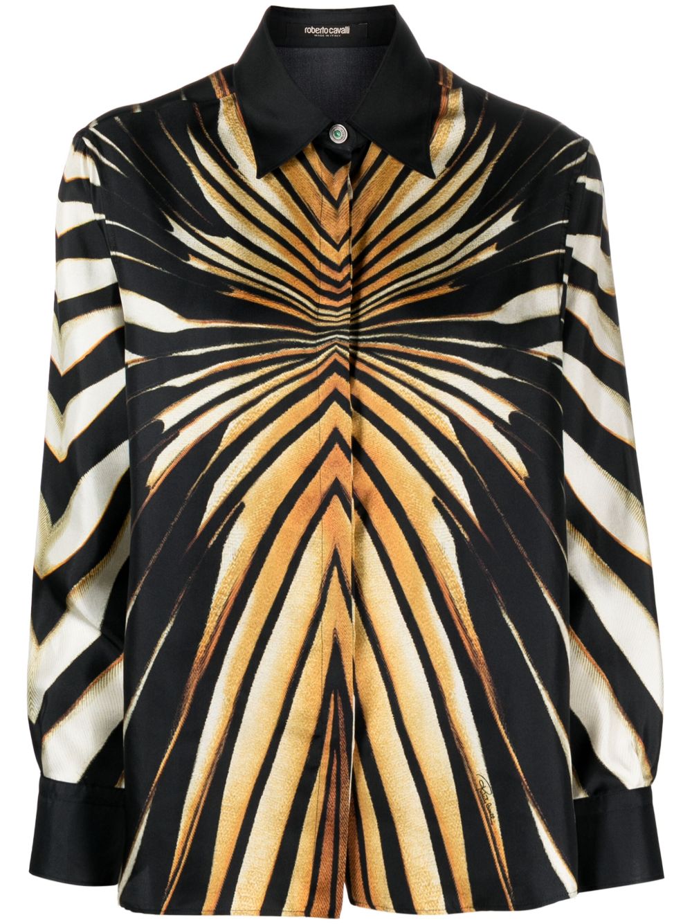 Roberto Cavalli 抽象图案印花真丝衬衫 - 黑色