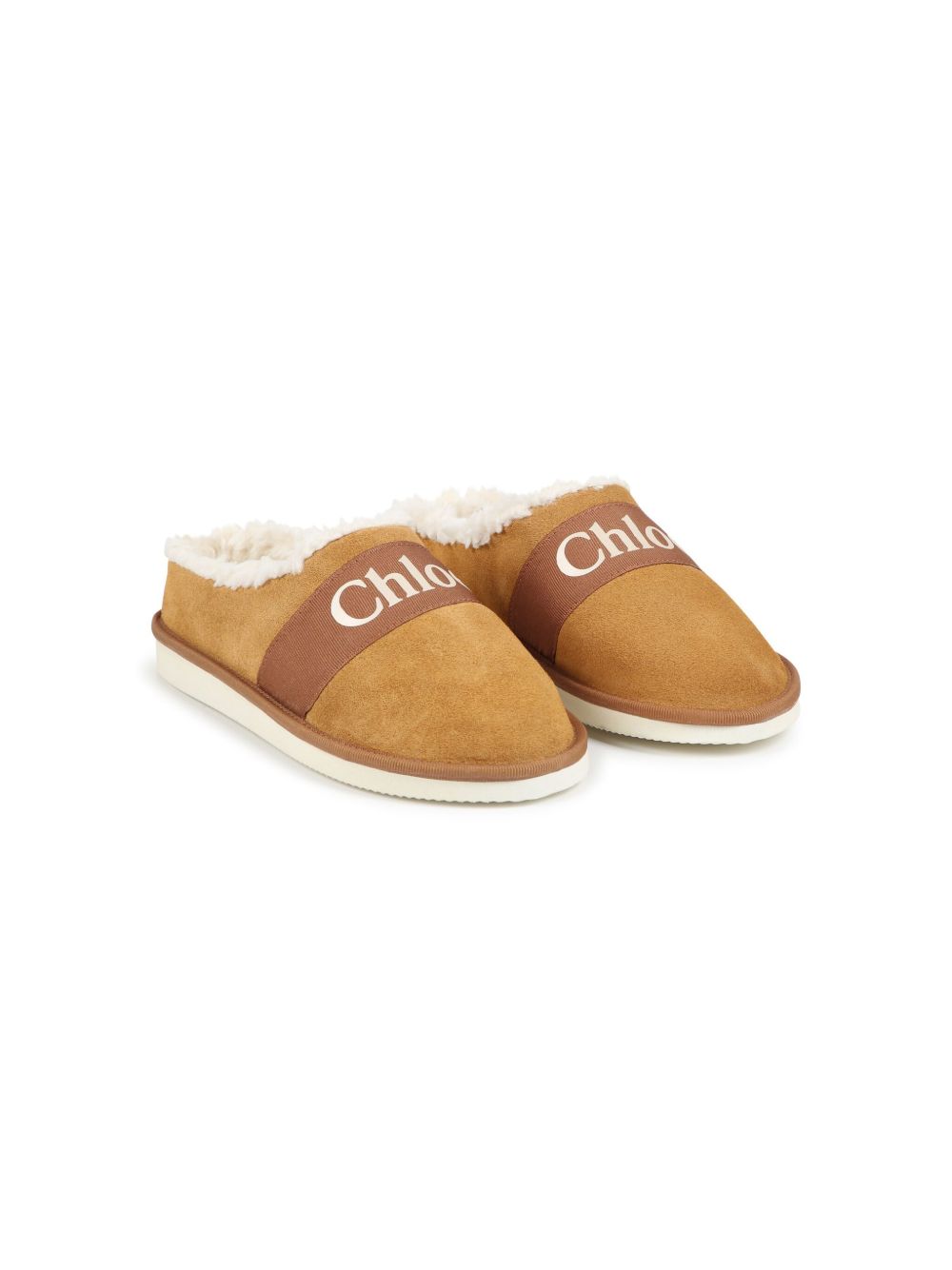 Chloé Kids logo印花袢带抓绒纹理拖鞋 - 褐色