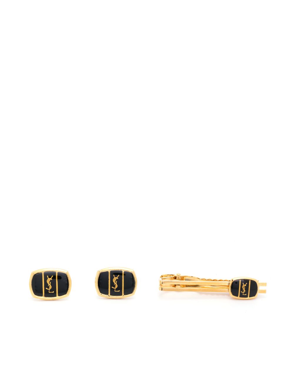 Saint Laurent Pre-Owned Cassandre logo袖扣与领带夹套装（1980年代典藏款） - 黑色