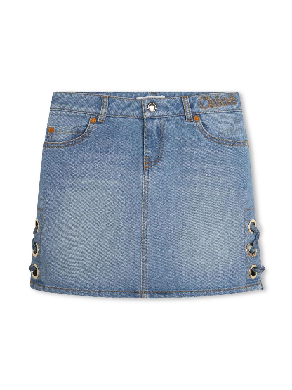 Chloé Kids logo刺绣漂白效果牛仔半身裙 - 蓝色