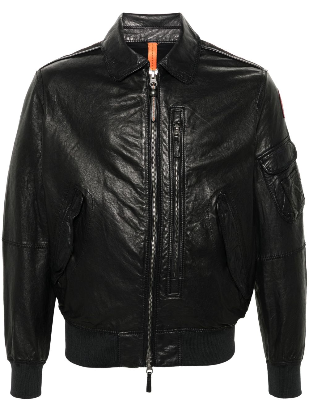 Parajumpers logo贴花皮质飞行员夹克 - 黑色