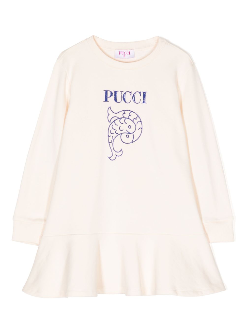 PUCCI Junior logo印花束腰伞摆棉连衣裙 - 中性色