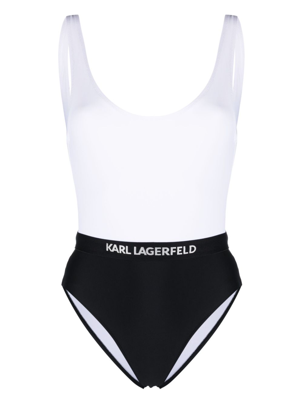 Karl Lagerfeld 拼色logo腰身连体泳衣 - 白色