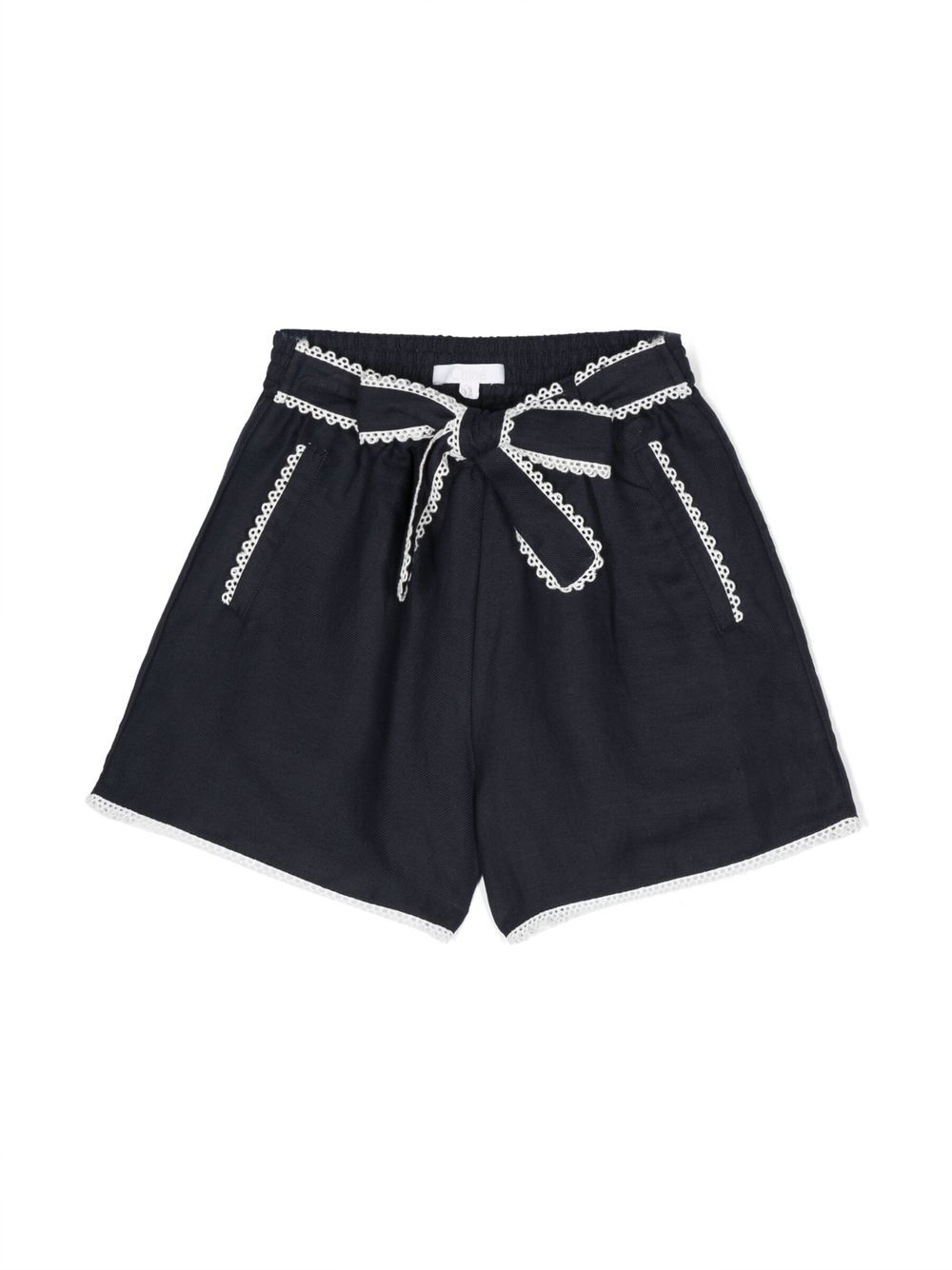 Chloé Kids 蝴蝶结细节亚麻混纺短裤 - 蓝色