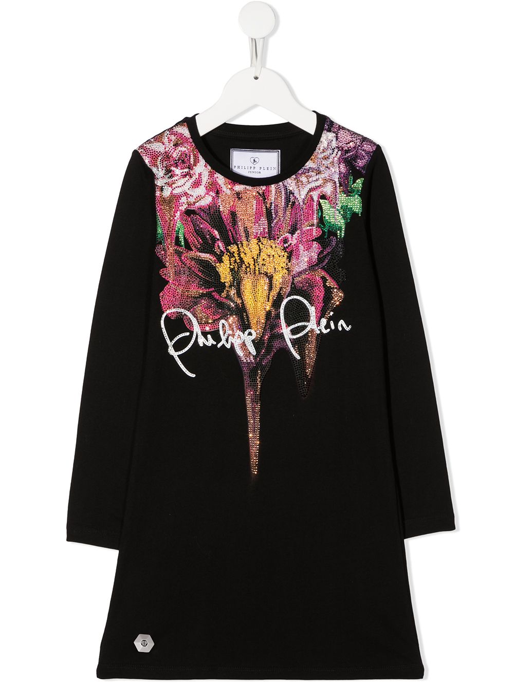 Philipp Plein Junior 水钻镶嵌花卉印花连衣裙 - 黑色