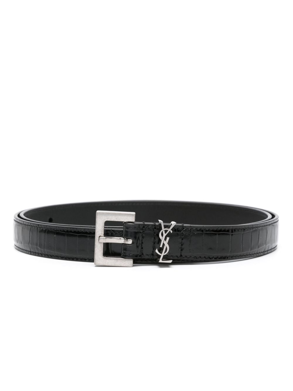 Saint Laurent Cassandre 仿鳄鱼纹压纹腰带 - 黑色