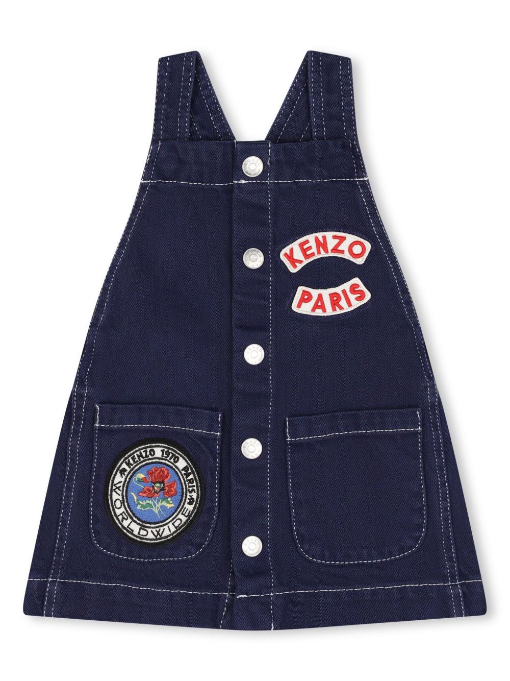 Kenzo Kids logo贴花棉背带裤连衣裙 - 蓝色