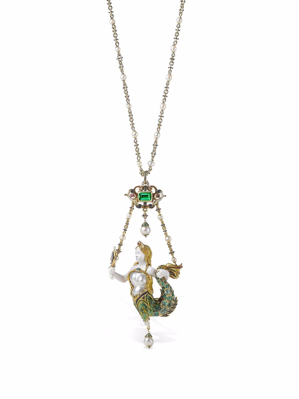 Pragnell Vintage 18K黄金 Victorian 祖母绿宝石美人鱼吊饰项链 - 金色