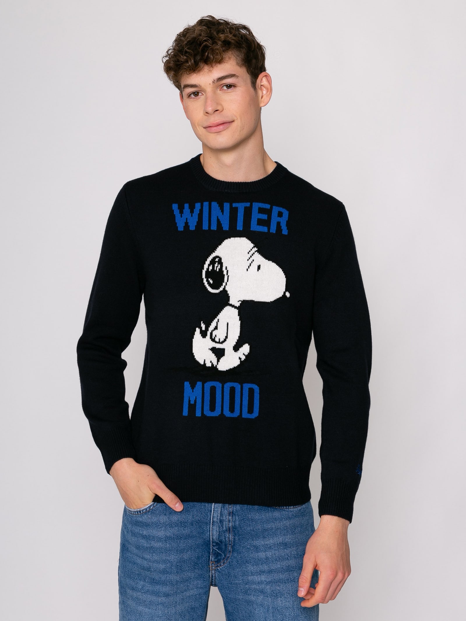 MC2 Saint Barth Man Blue Sweater Winter Mood Snoopy Print Snoopy - Peanuts Special Edition