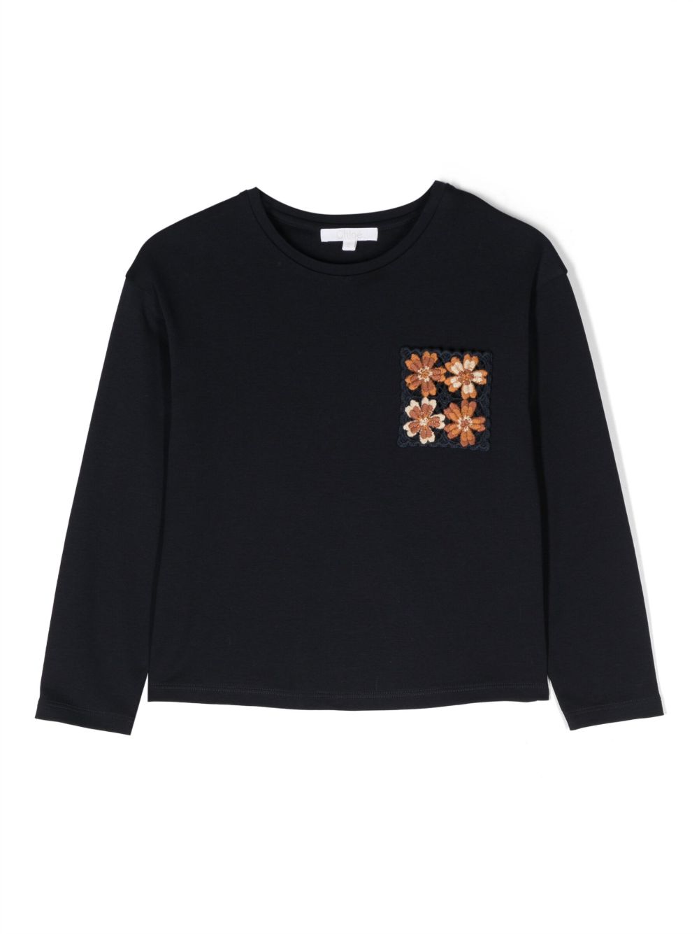 Chloé Kids 花卉刺绣T恤 - 蓝色