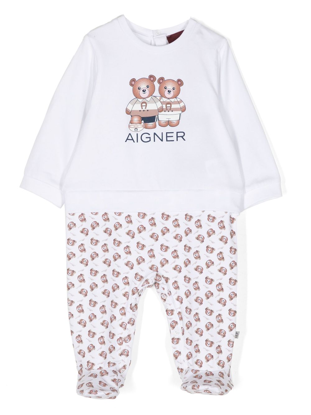 Aigner Kids 泰迪熊logo印花比马棉连体睡衣 - 白色