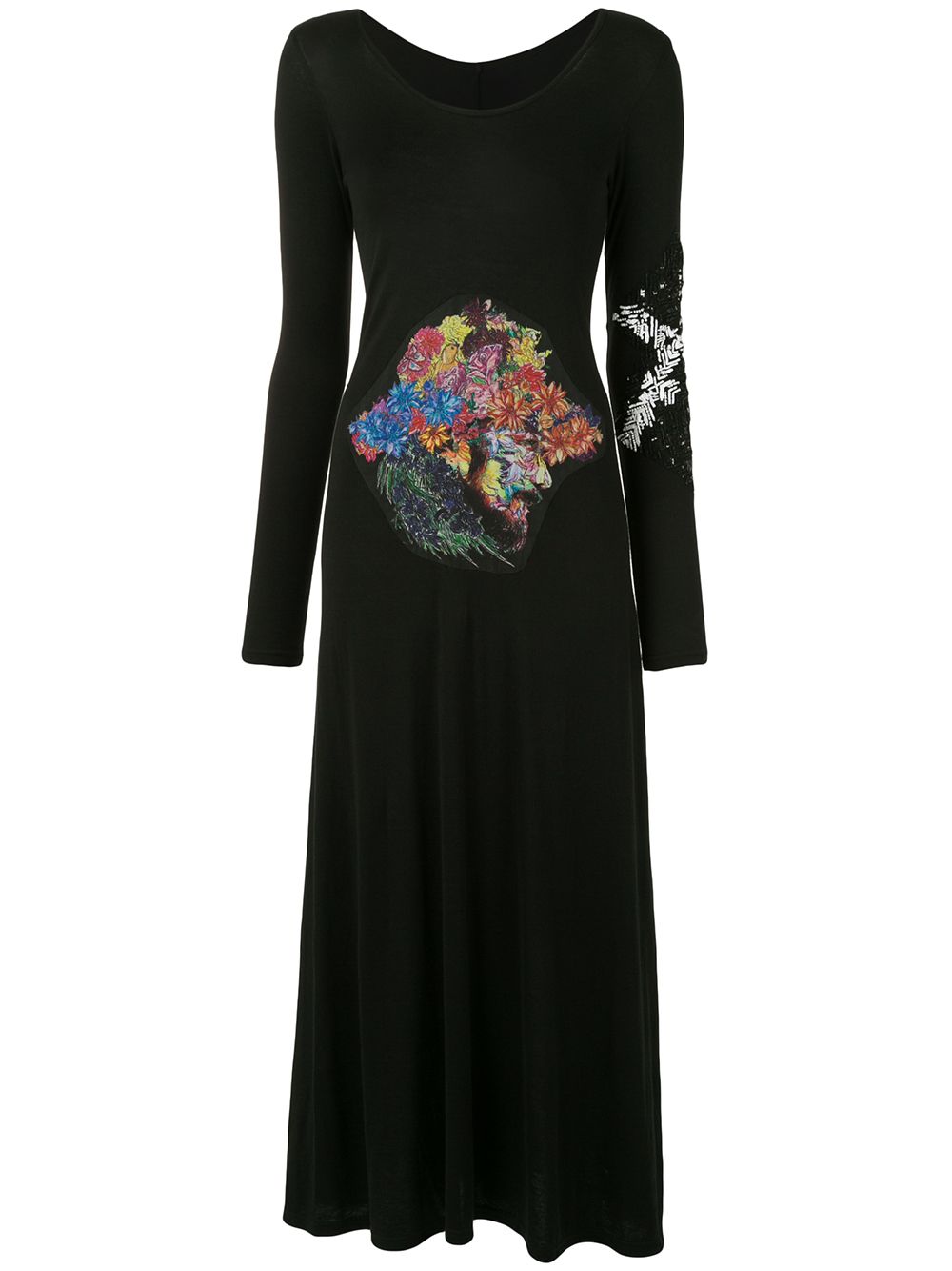 Yohji Yamamoto 花卉贴花刺绣连衣裙 - 黑色