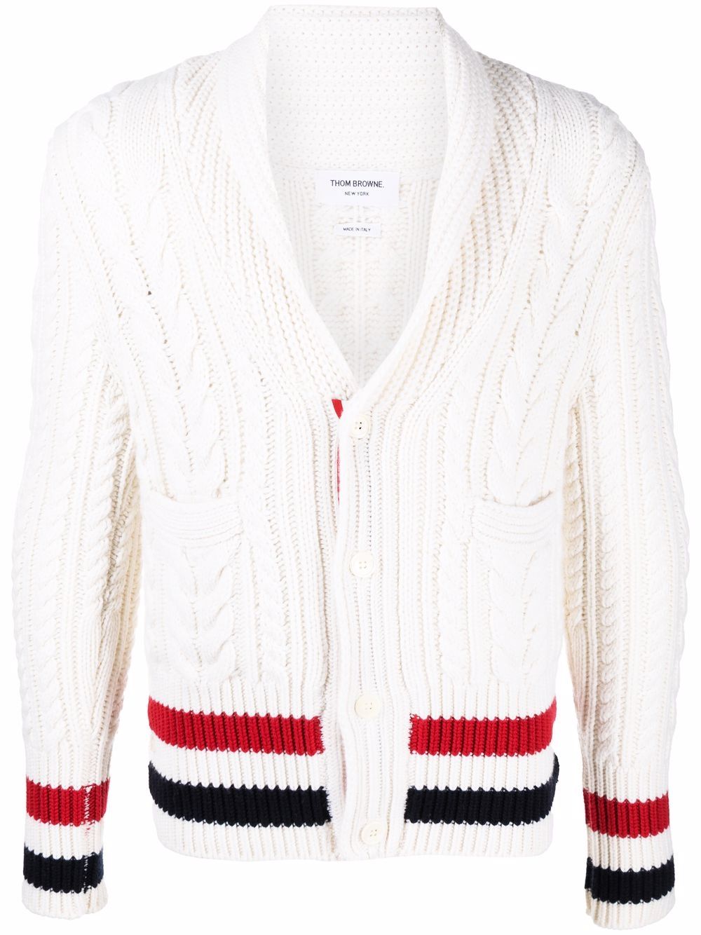 Thom Browne RWB 条纹粗绞花针织开衫 - 白色