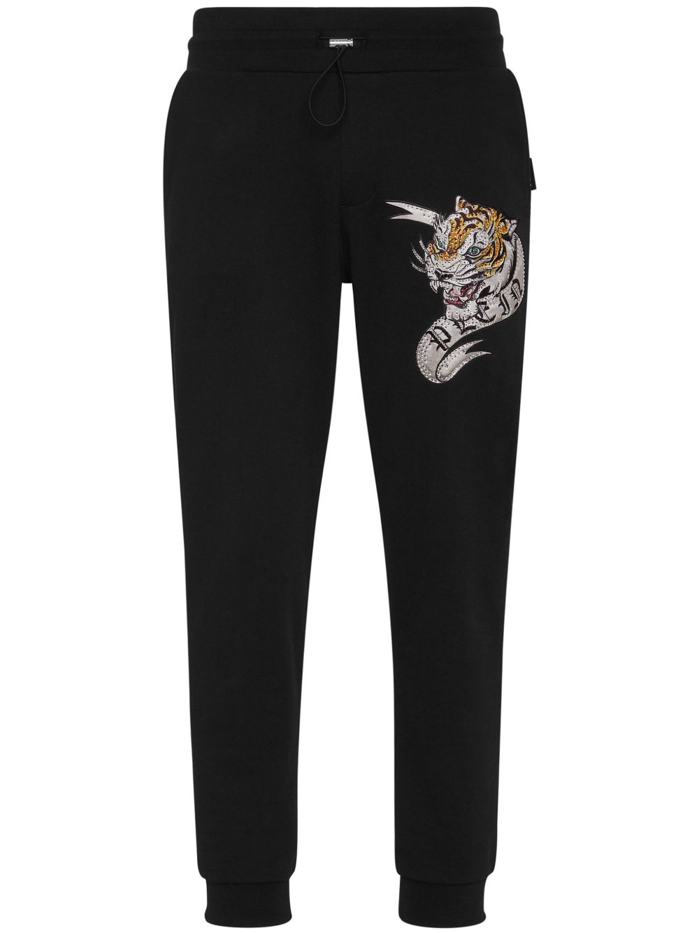 Philipp Plein 老虎贴花抽绳运动裤 - 黑色