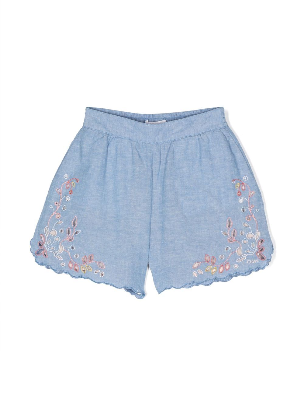 Chloé Kids 马德拉刺绣青年布短裤 - 蓝色