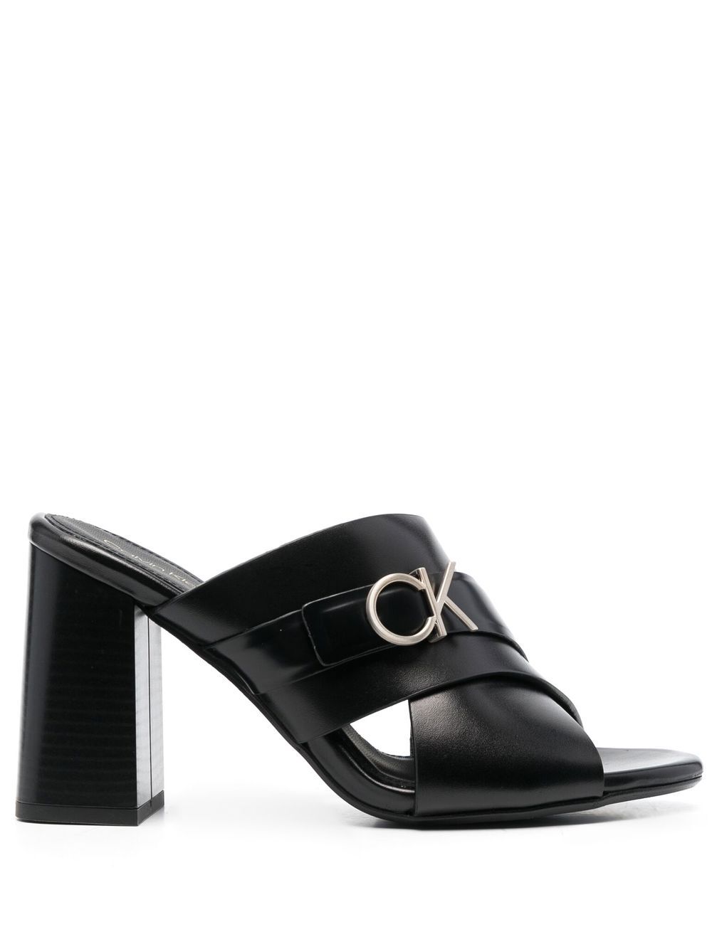 Calvin Klein logo标牌高跟穆勒鞋 - 黑色