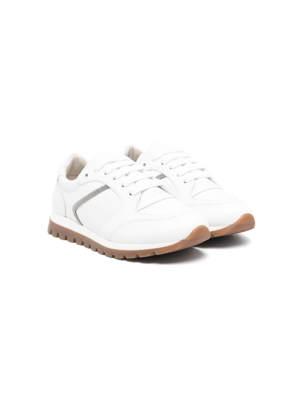 Brunello Cucinelli Kids Monili 搭链皮质运动鞋 - 白色