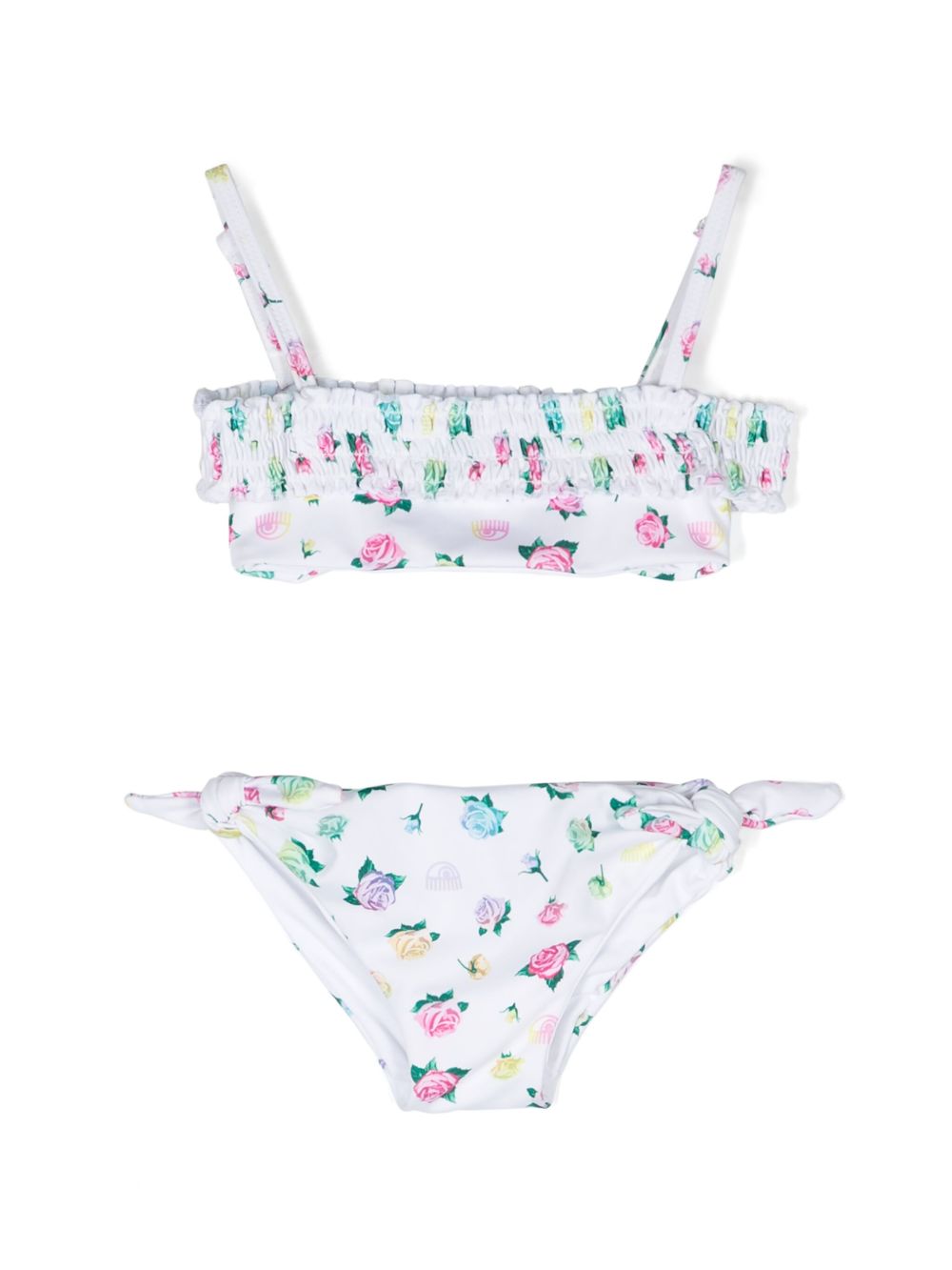 Chiara Ferragni Kids 花卉印花弹性缩褶比基尼 - 白色