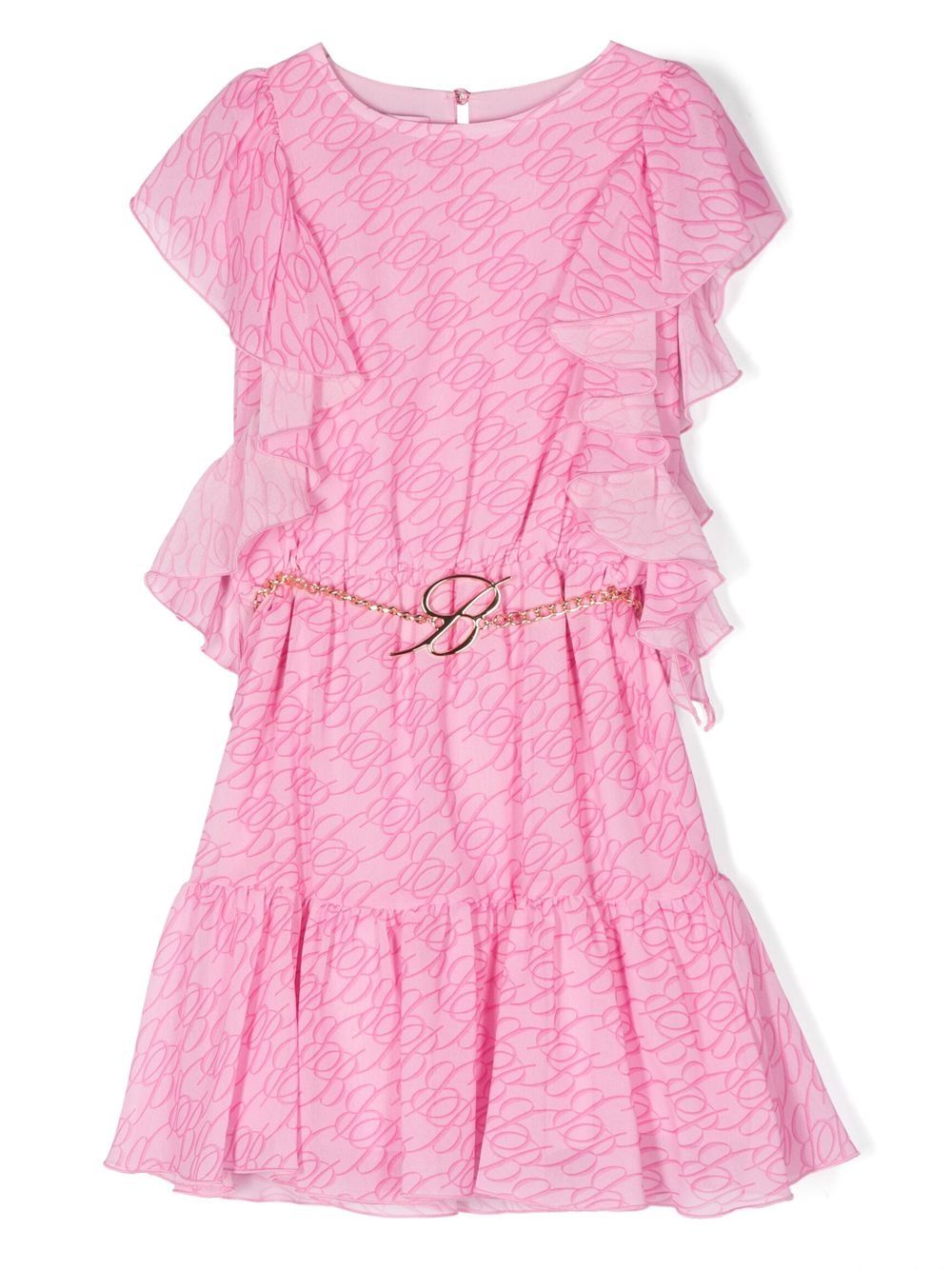 Miss Blumarine logo腰带荷叶边细节连衣裙 - 粉色