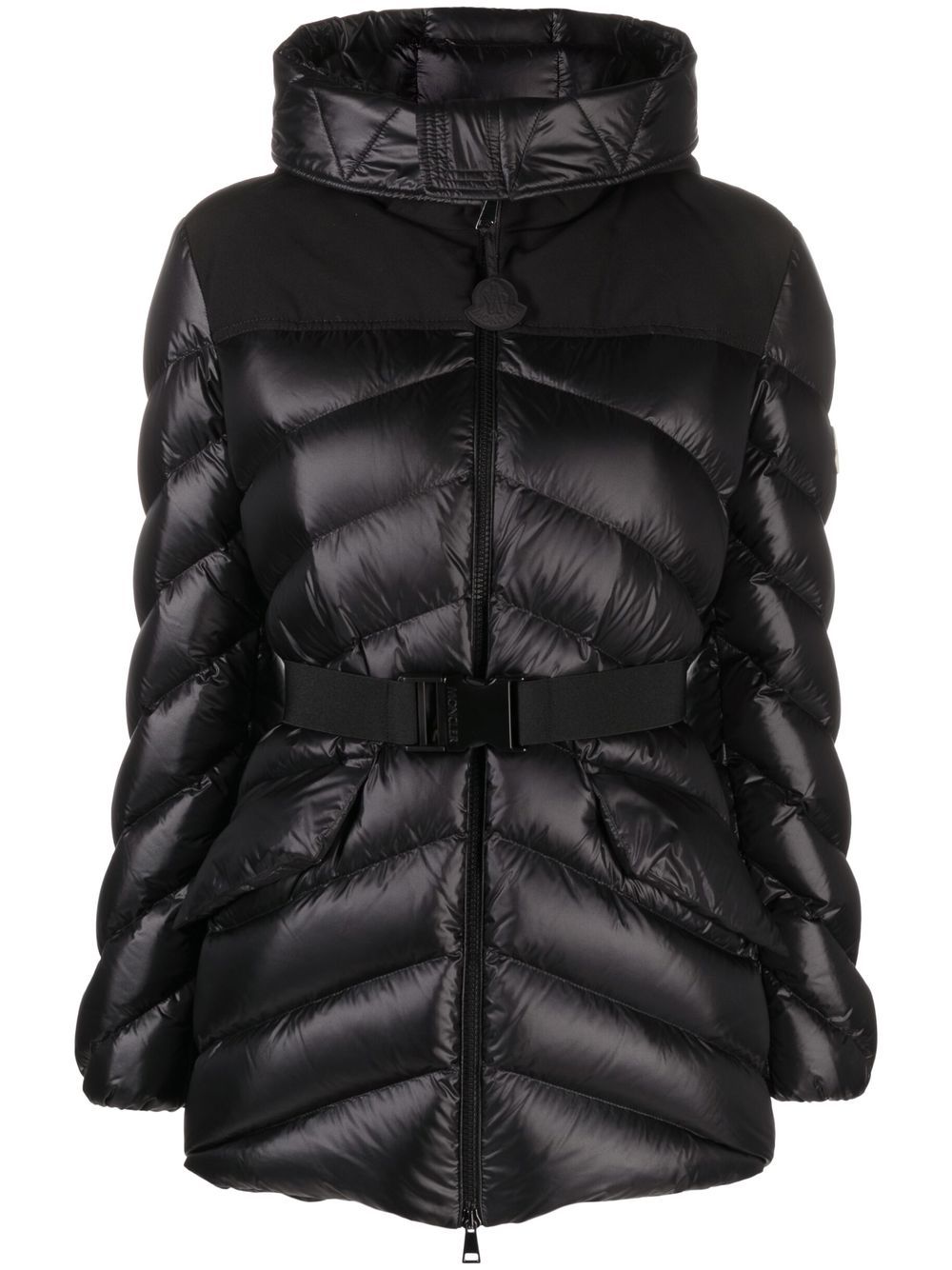 Moncler 标贴连帽蓬松夹克 - 黑色