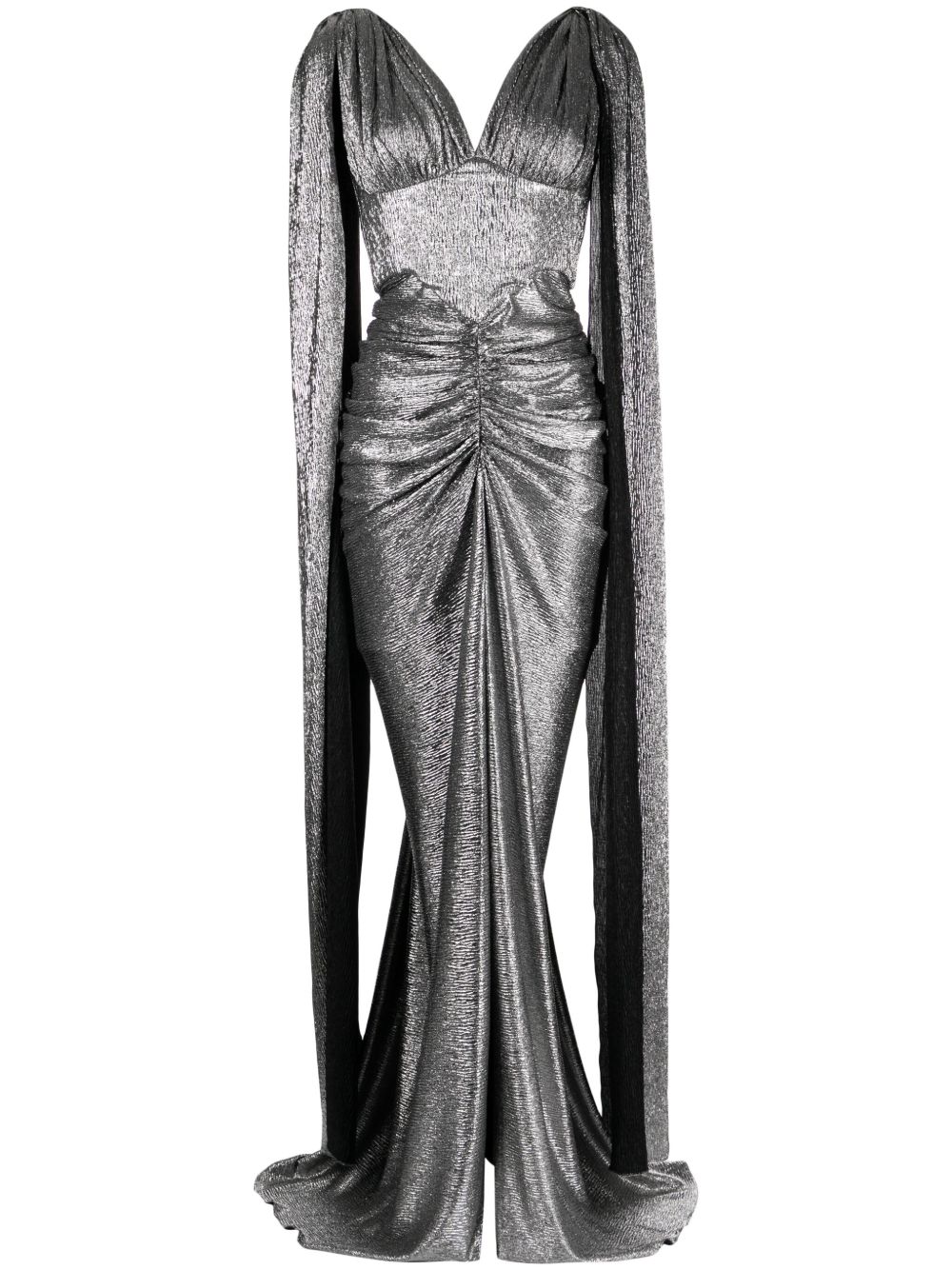 Rhea Costa Sari 金属感绉纱连衣裙 - 银色