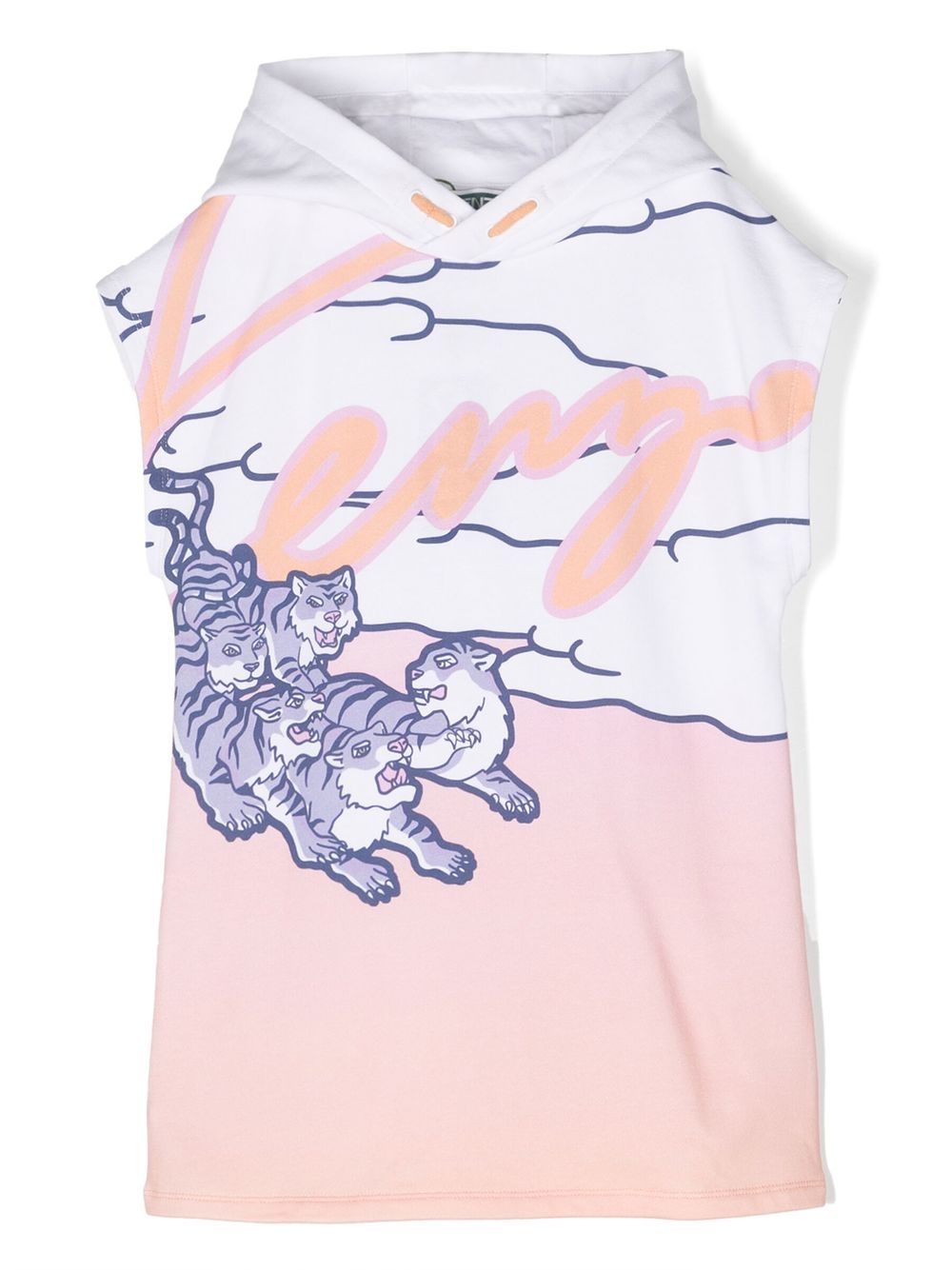 Kenzo Kids 无袖老虎印花连帽连衣裙 - 白色