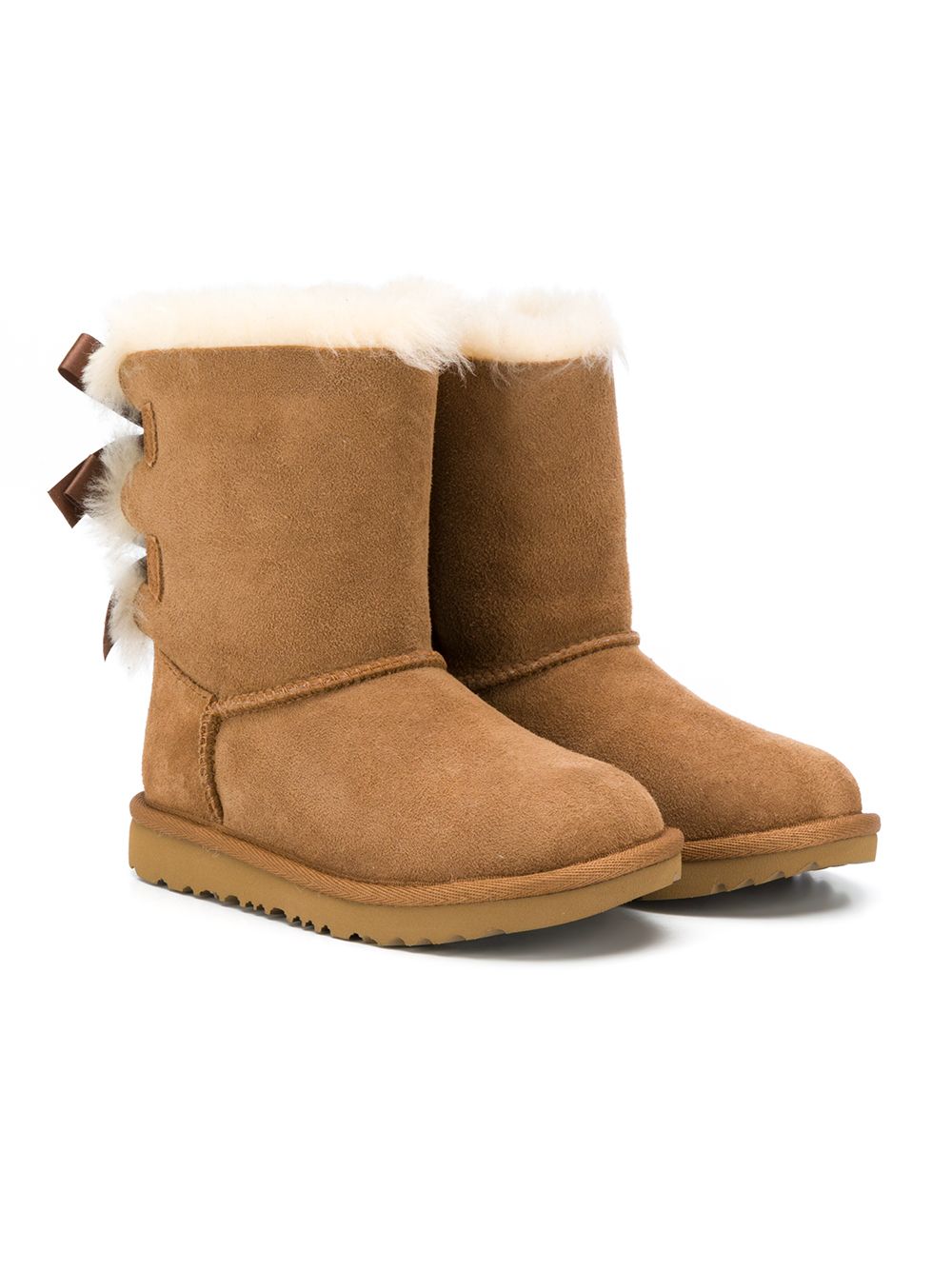 UGG Kids 蝴蝶结细节皮毛一体雪靴 - 褐色