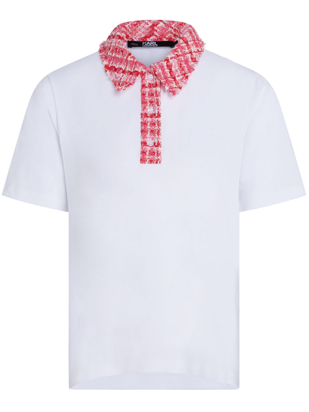 Karl Lagerfeld logo刺绣仿羔皮呢边饰polo领上衣 - 白色
