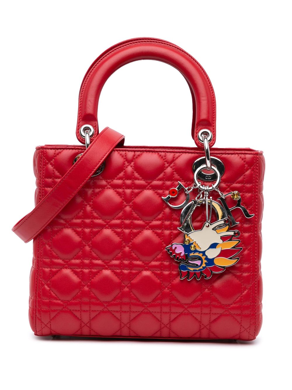 Christian Dior Pre-Owned Limited Edition Cannage Swarovski Dragon Head Lady Dior 中号小羊皮斜挎包（2016年典藏款） - 红色