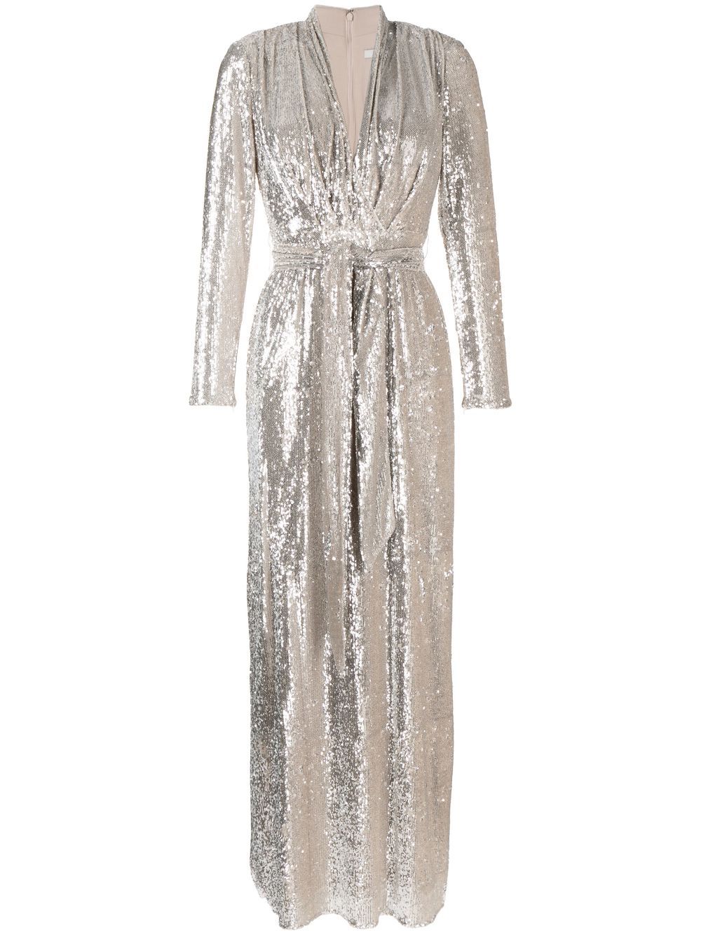 Badgley Mischka 深V领亮片直筒晚礼服 - 银色