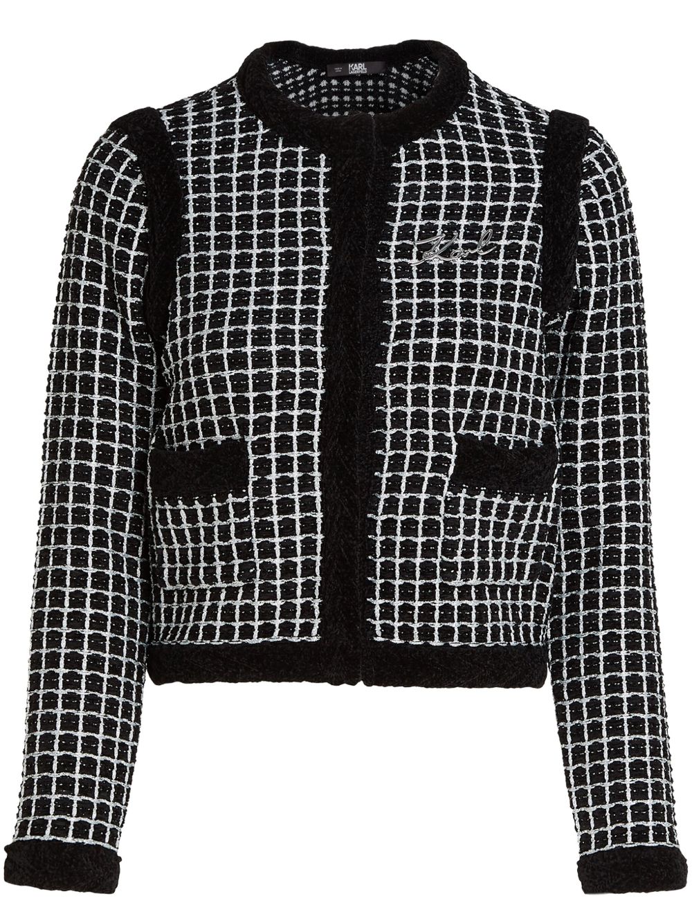 Karl Lagerfeld logo标牌仿羔皮呢针织开衫 - 黑色