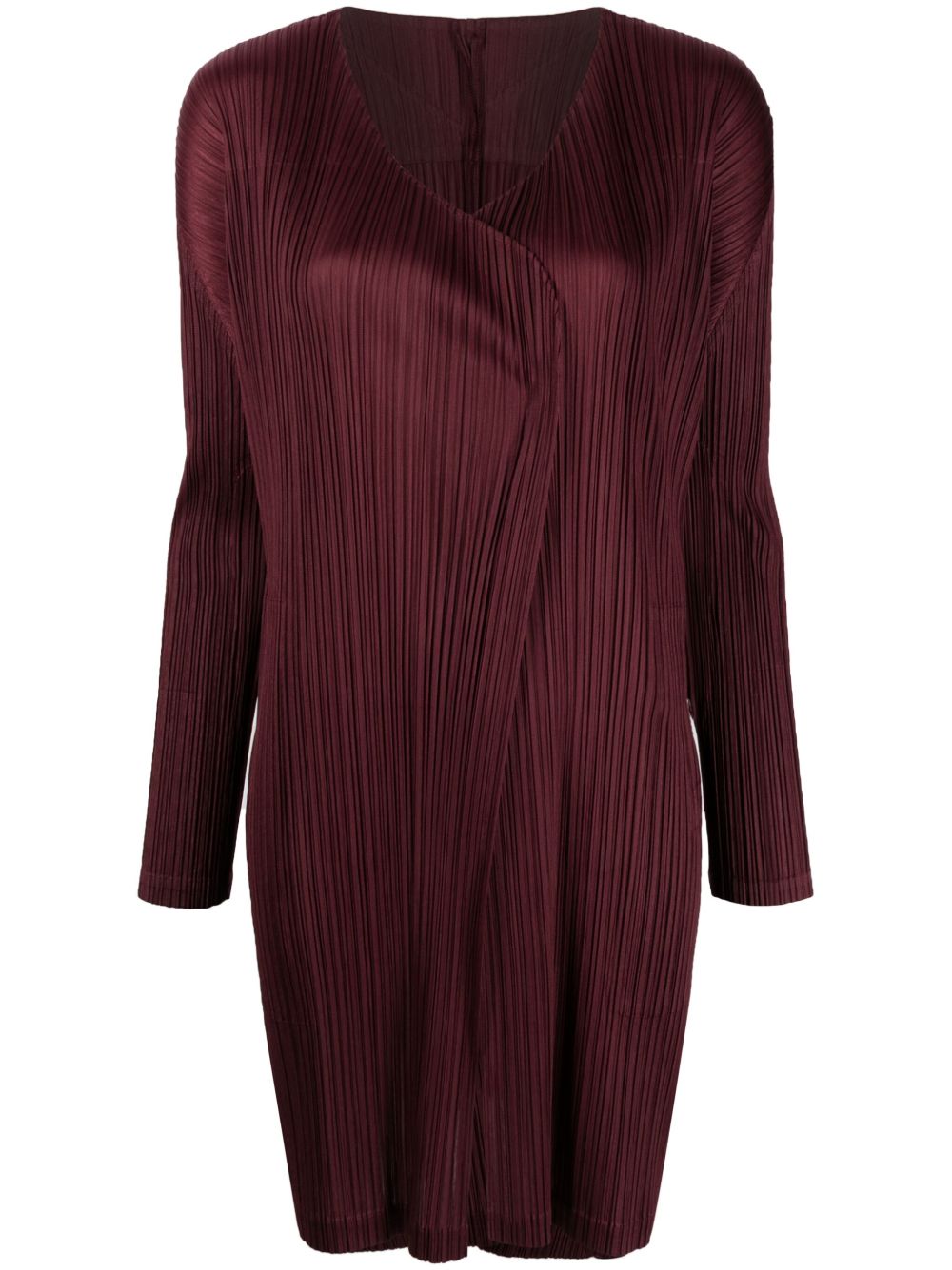 Pleats Please Issey Miyake V领百褶开襟大衣 - 紫色