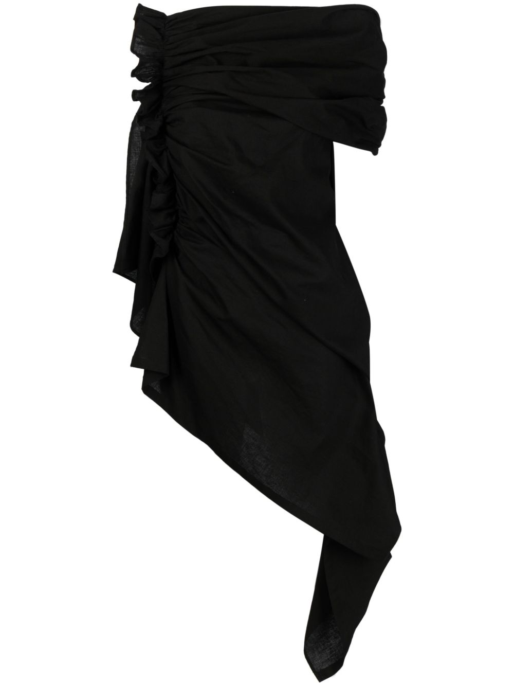 Yohji Yamamoto 单肩垂坠缩褶连衣裙 - 黑色