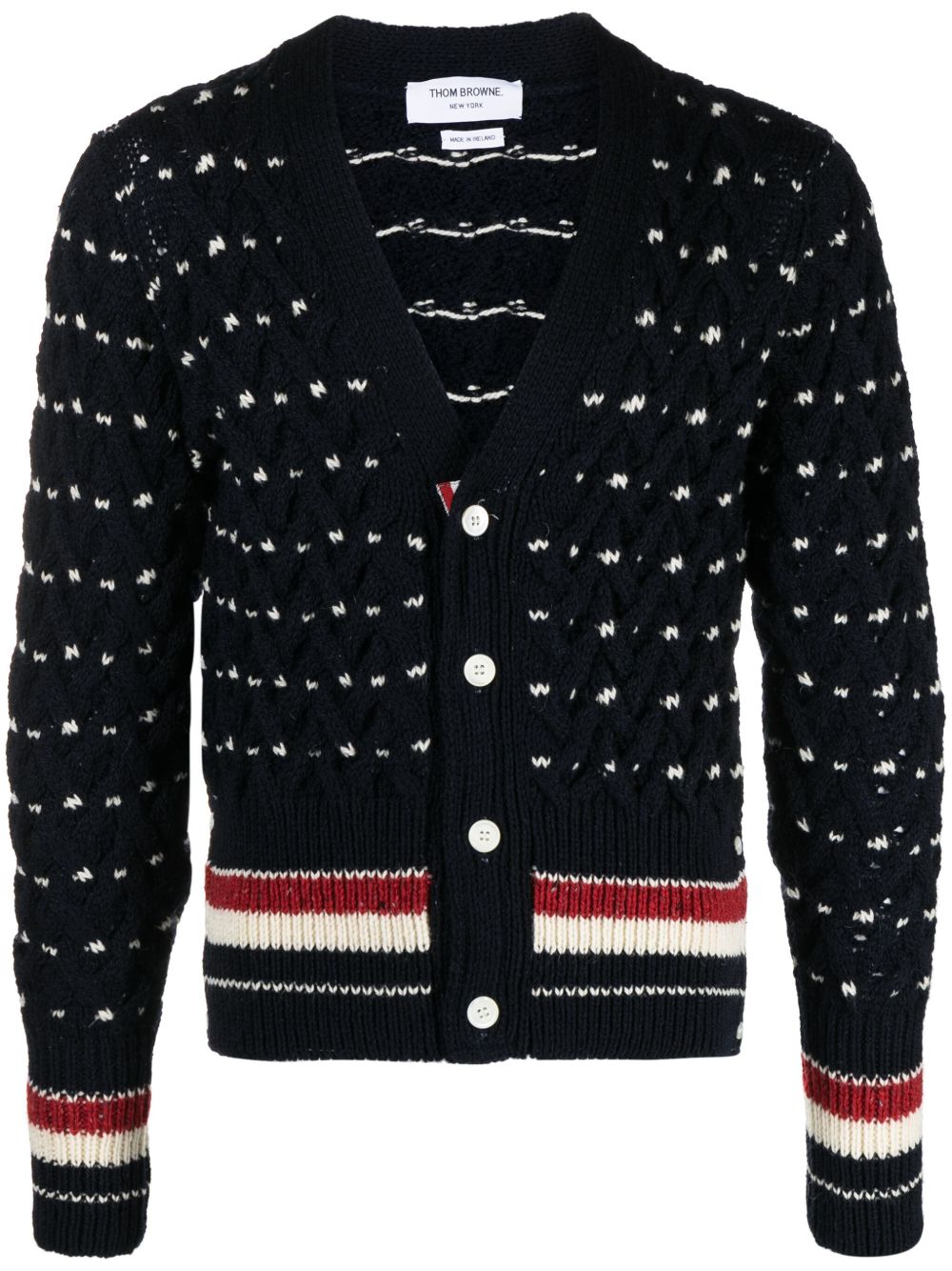 Thom Browne 红白蓝嵌花粗绞花针织开衫 - 蓝色