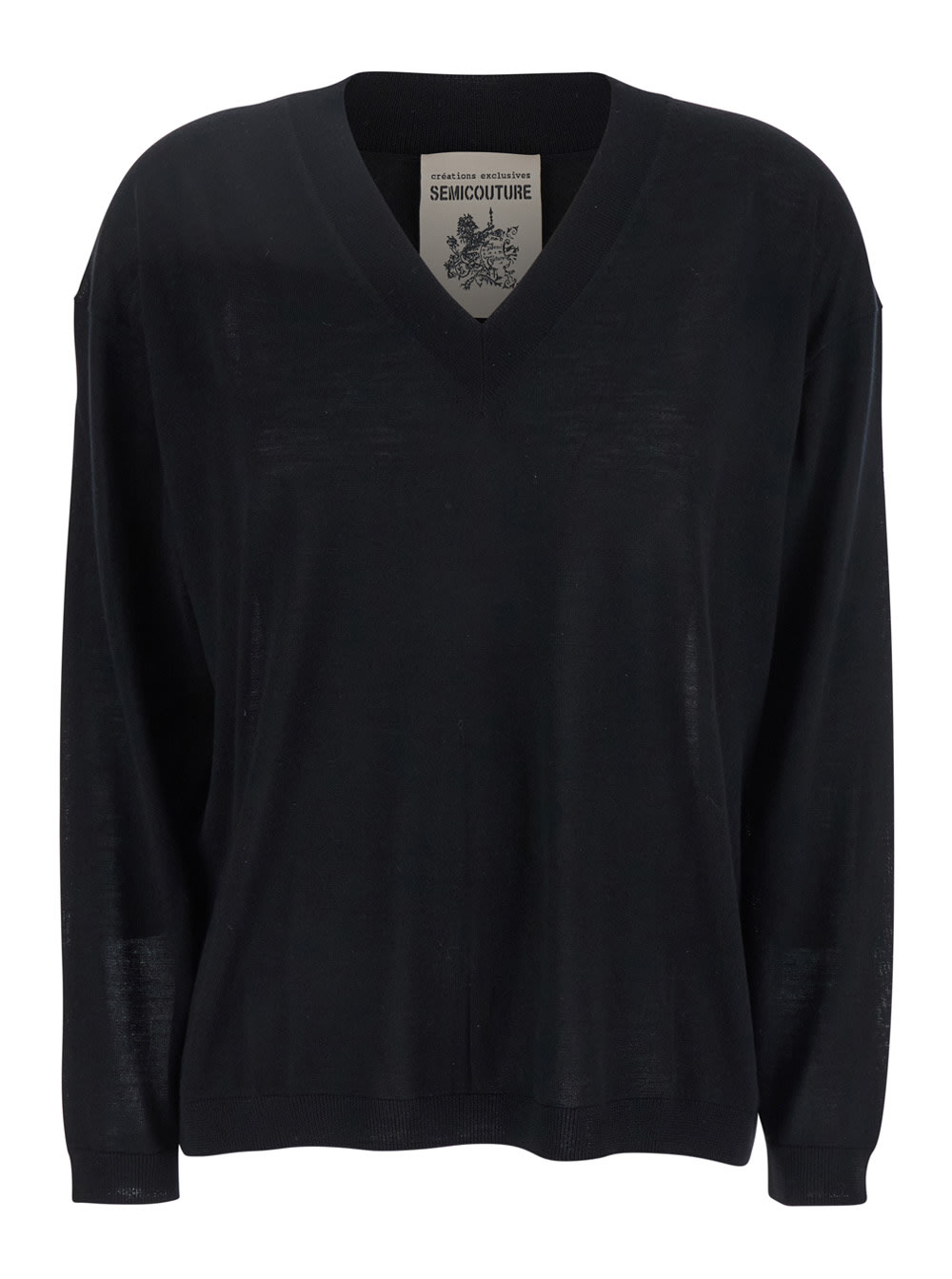 SEMICOUTURE Black Sweater With V-neck And Logo Embroidered On The Side In Virgin Wool Woman