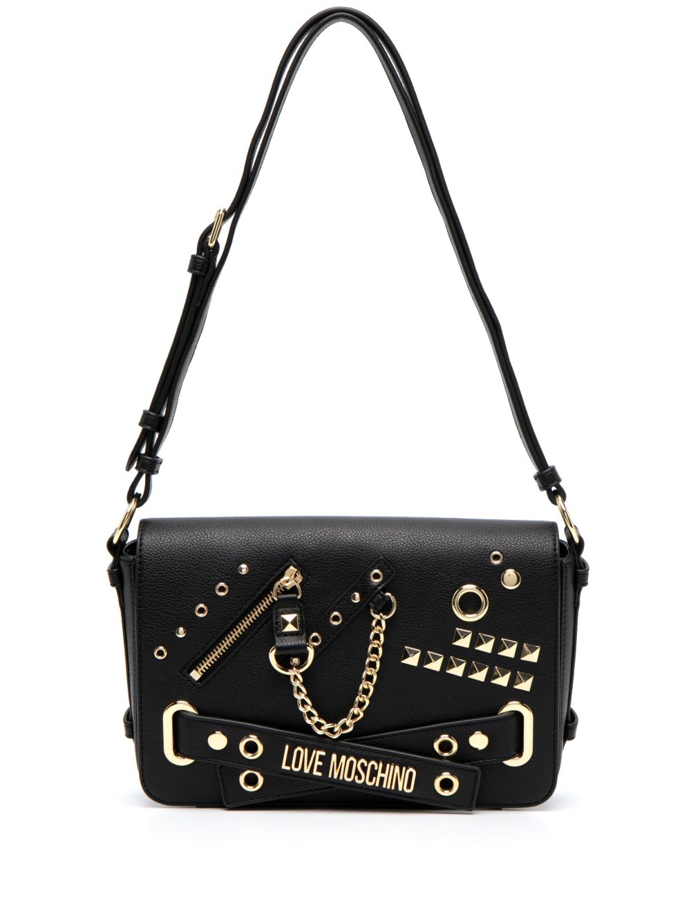 Love Moschino 铆钉五金配件翻盖单肩包 - 黑色