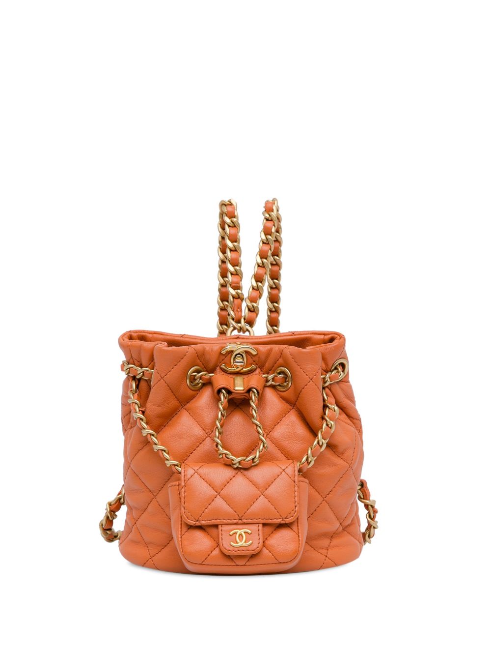 CHANEL Pre-Owned CC Chain Bucket With Mini Flap 小羊皮双肩包（2021-2023年典藏款） - 橘色