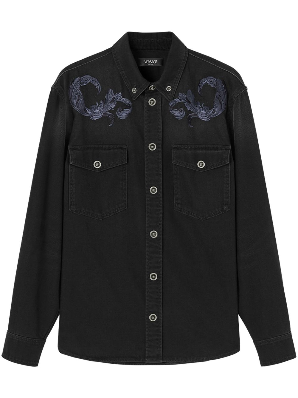 Versace Barocco 刺绣牛仔夹克式衬衫 - 黑色