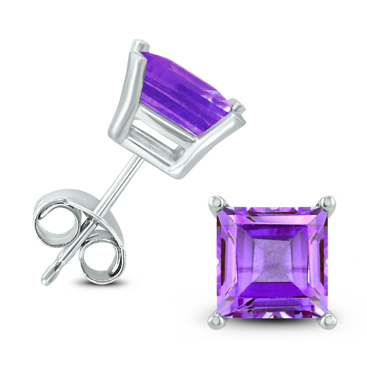 14K White Gold 7MM Square Amethyst Earrings