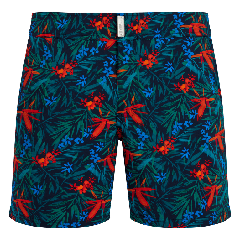 Vilebrequin Men Stretch Short Swim Shorts Flat Belt Tropical Flowers - Merise - Blue - Size L