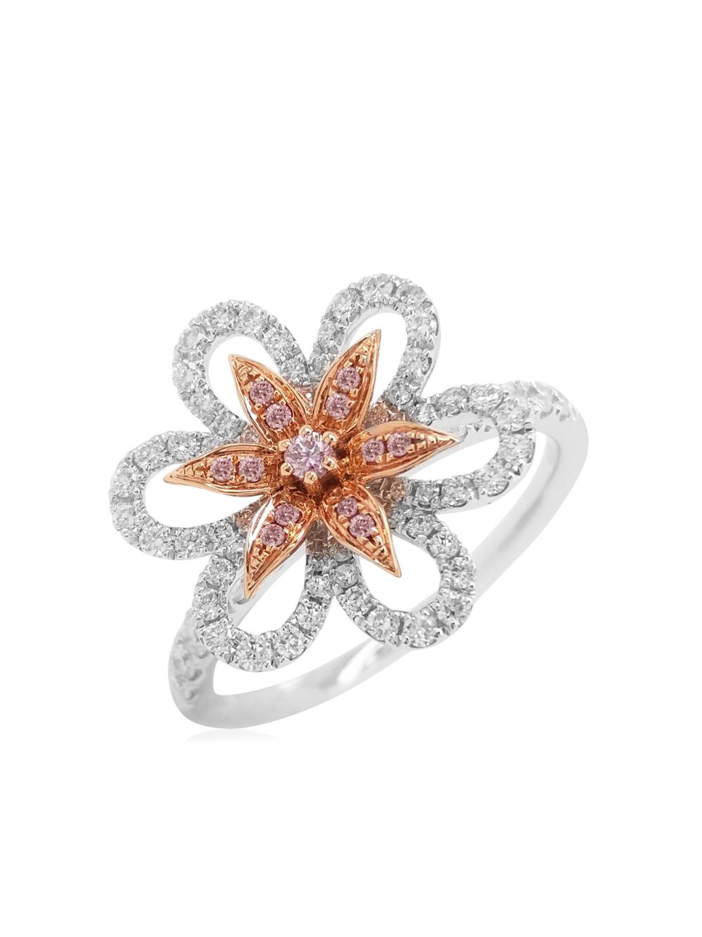 HYT Jewelry 18K玫瑰金铂金钻石花卉戒指 - 银色