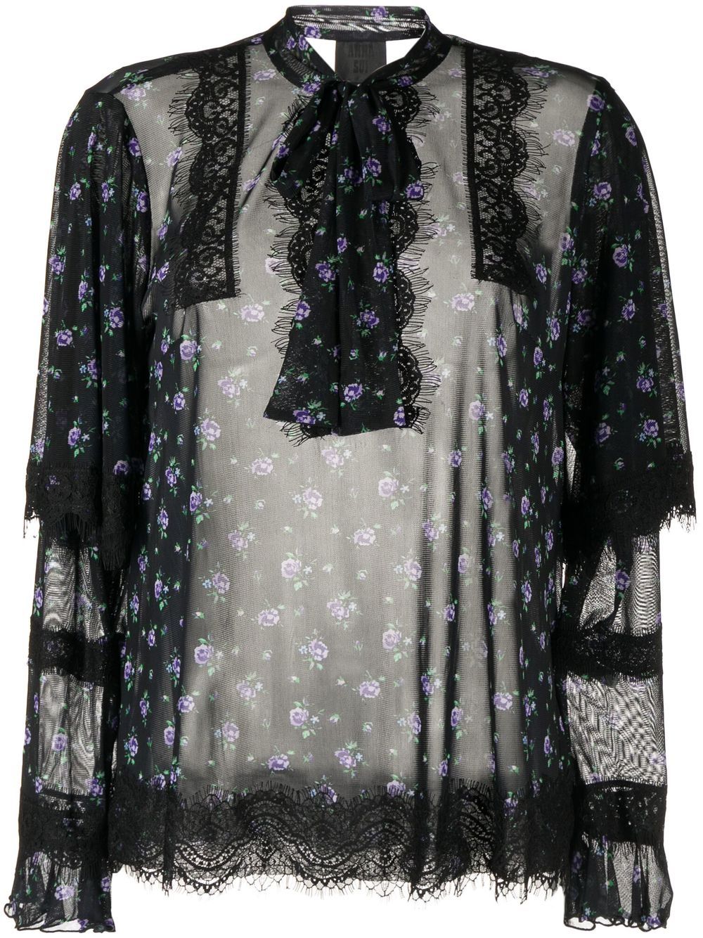 Anna Sui 蕾丝细节花卉印花罩衫 - 黑色