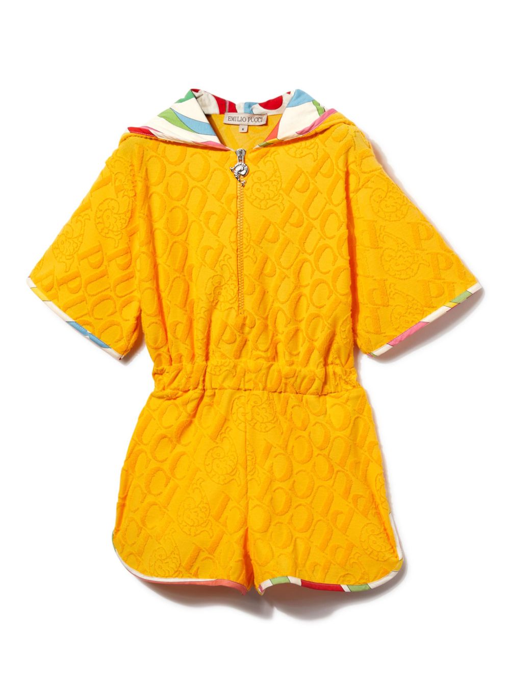PUCCI Junior 仿羔皮呢logo连帽连体短裤 - 黄色