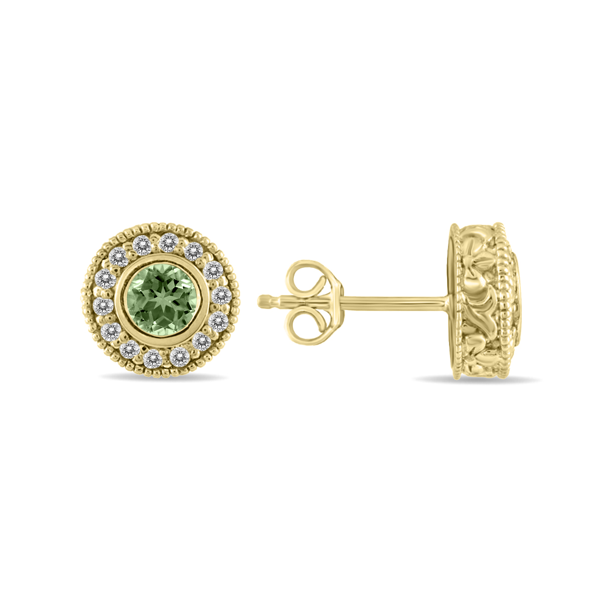1/2 Carat TW Green Amethyst and Diamond Bezel Set Earrings 10K Yellow Gold