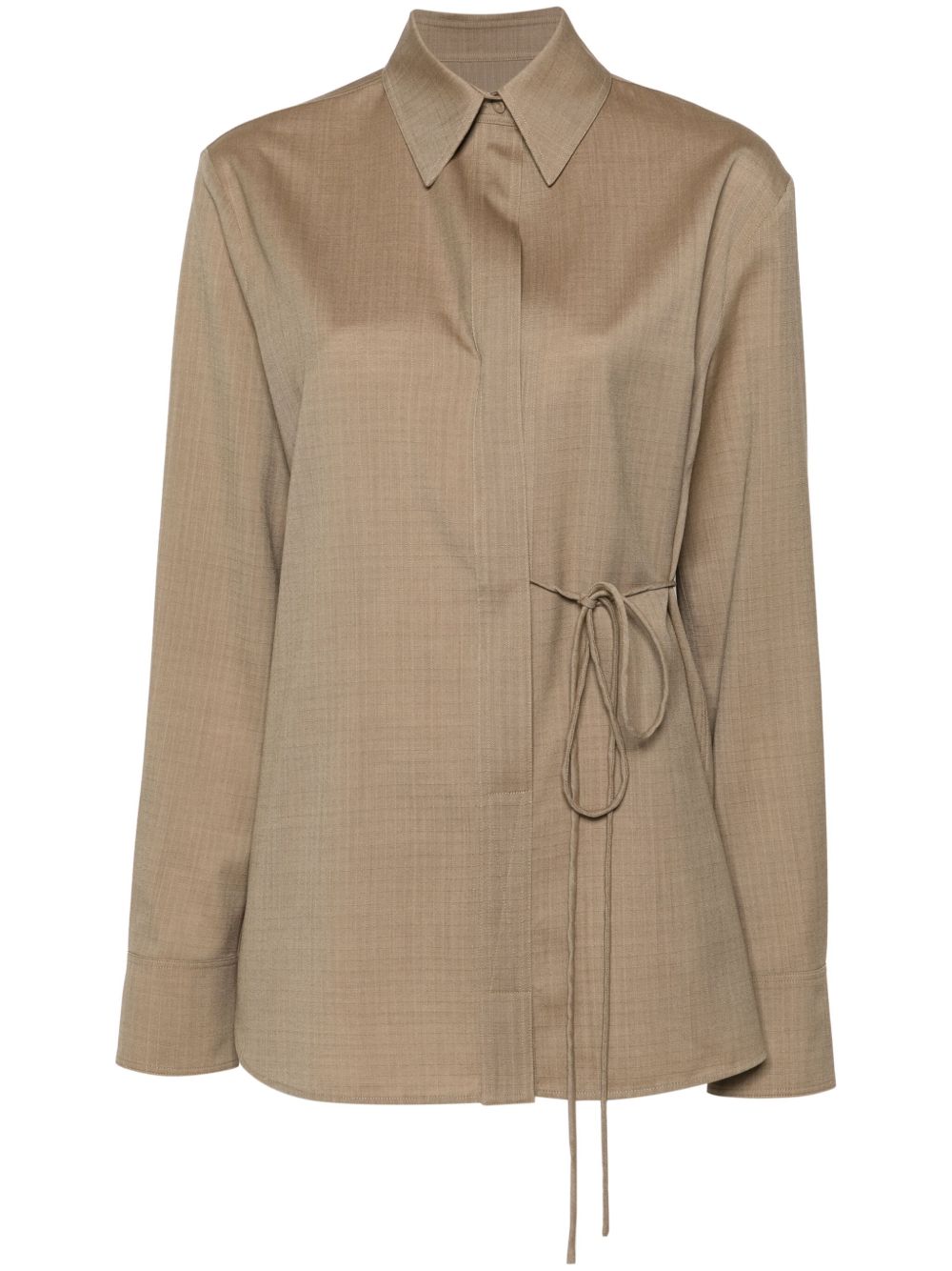 Jil Sander 防撕裂方格布羊毛系带衬衫 - 褐色